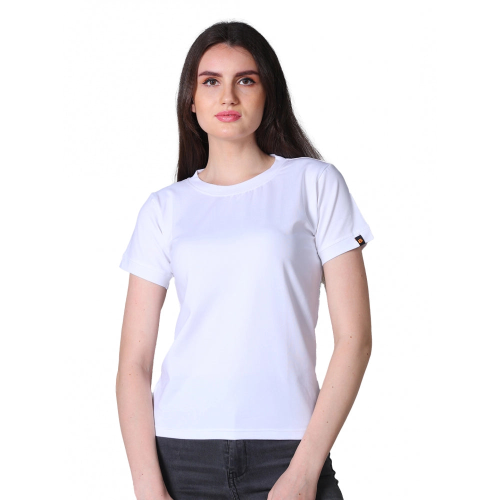 White cotton blended round neck half sleeve T-shirt, solid design for women's casual wear