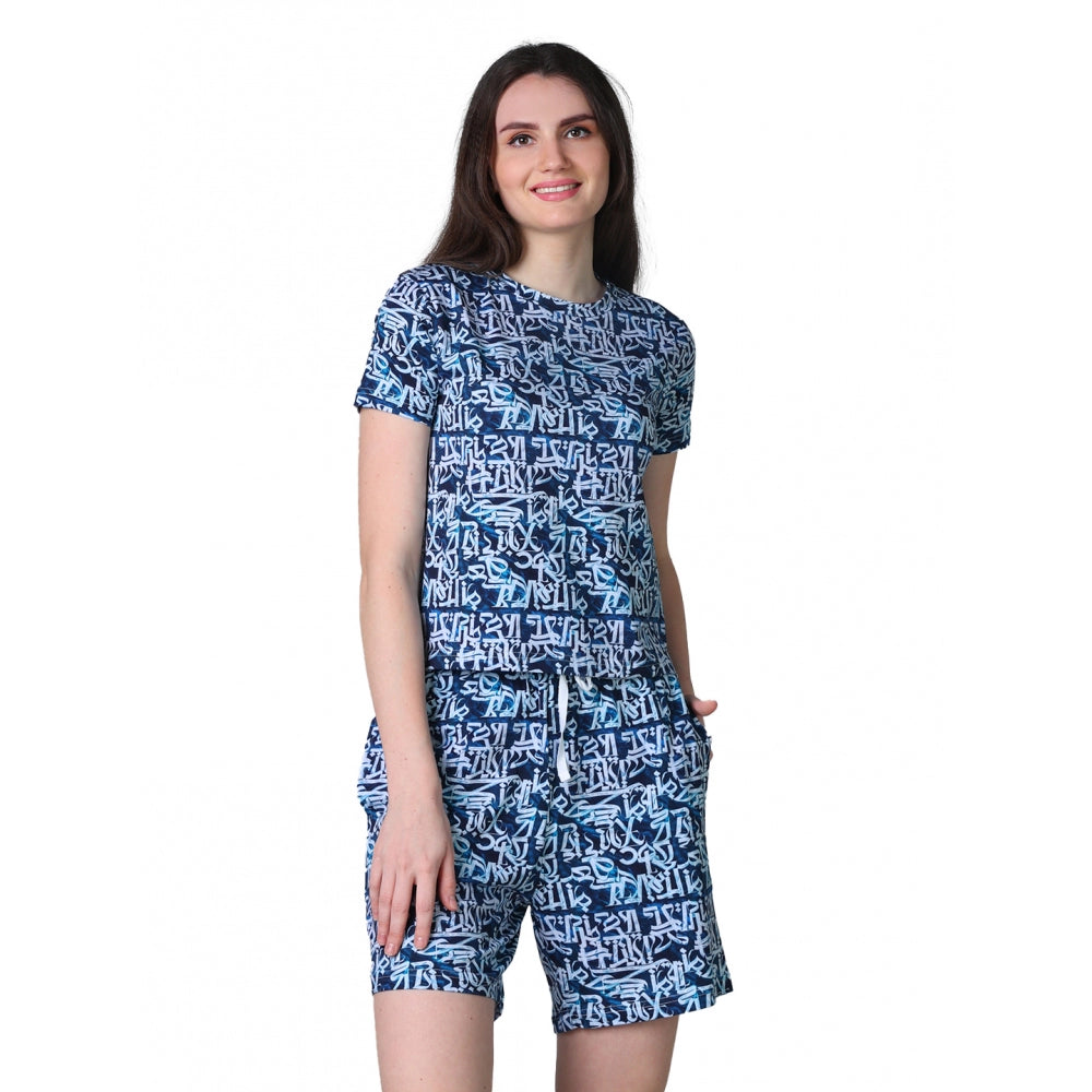 White-Blue cotton blended printed round neck half sleeve top & shorts set, summer fashion for women on mannequin