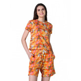 Women's Cotton Blended Printed Round Neck Half Sleeve Top - Shorts Set (Yellow)
