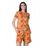 Yellow cotton blended printed round neck half sleeve top-shorts set, vibrant pattern for women's fashion