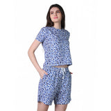 Blue cotton blended printed round neck half sleeve top-shorts set, stylish casual wear for women