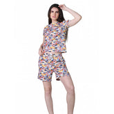 Multicolor cotton blended printed round neck half sleeve top & shorts set for women, vibrant patterns on display