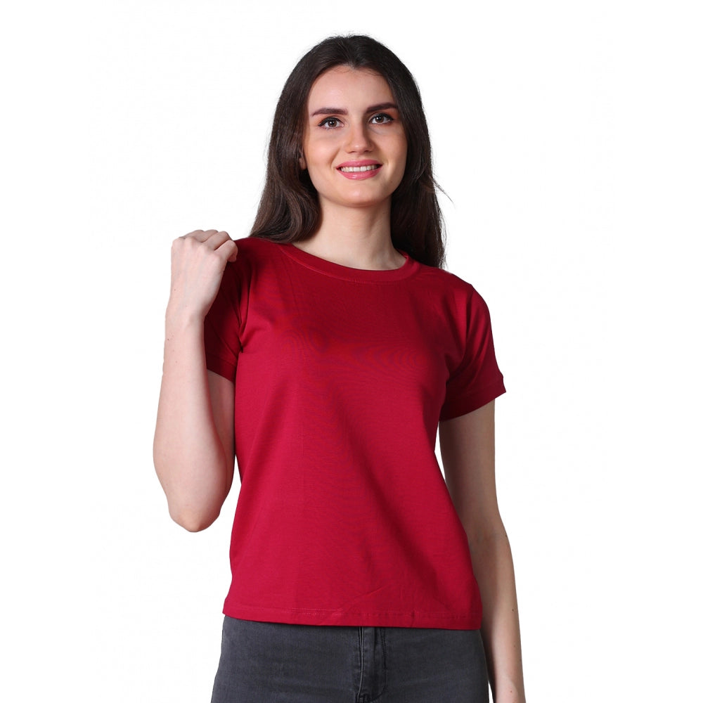Maroon cotton-blend women's half sleeve solid round neck t-shirt