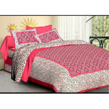 Pink cotton printed queen size bedsheet with 2 pillow covers, 90x100 inch, 160 thread count