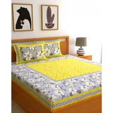 Yellow cotton printed queen size bedsheet with 2 pillow covers, 90x100 inch and 160 thread count