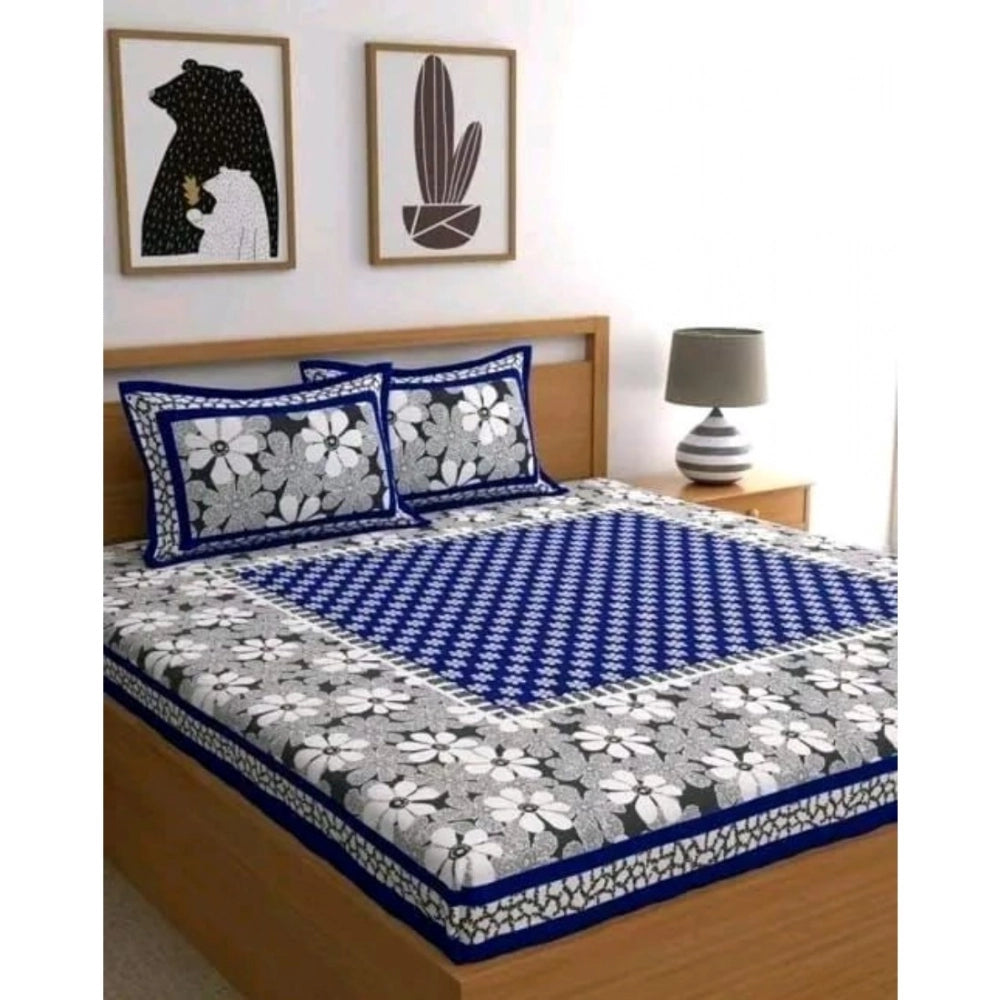 Blue cotton printed queen size bedsheet with 2 pillow covers, 90x100 inch, high-quality thread count 160