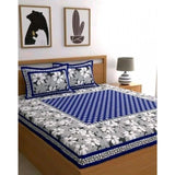 Blue cotton printed queen size bedsheet with 2 pillow covers, 90x100 inch, high-quality thread count 160
