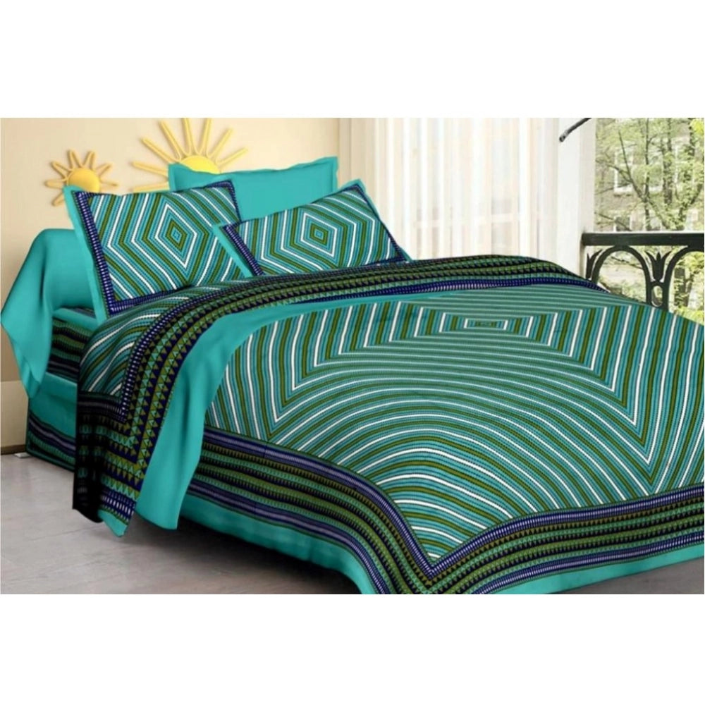 Green cotton printed queen size bedsheet with 2 pillow covers, detailed close-up on striped pattern