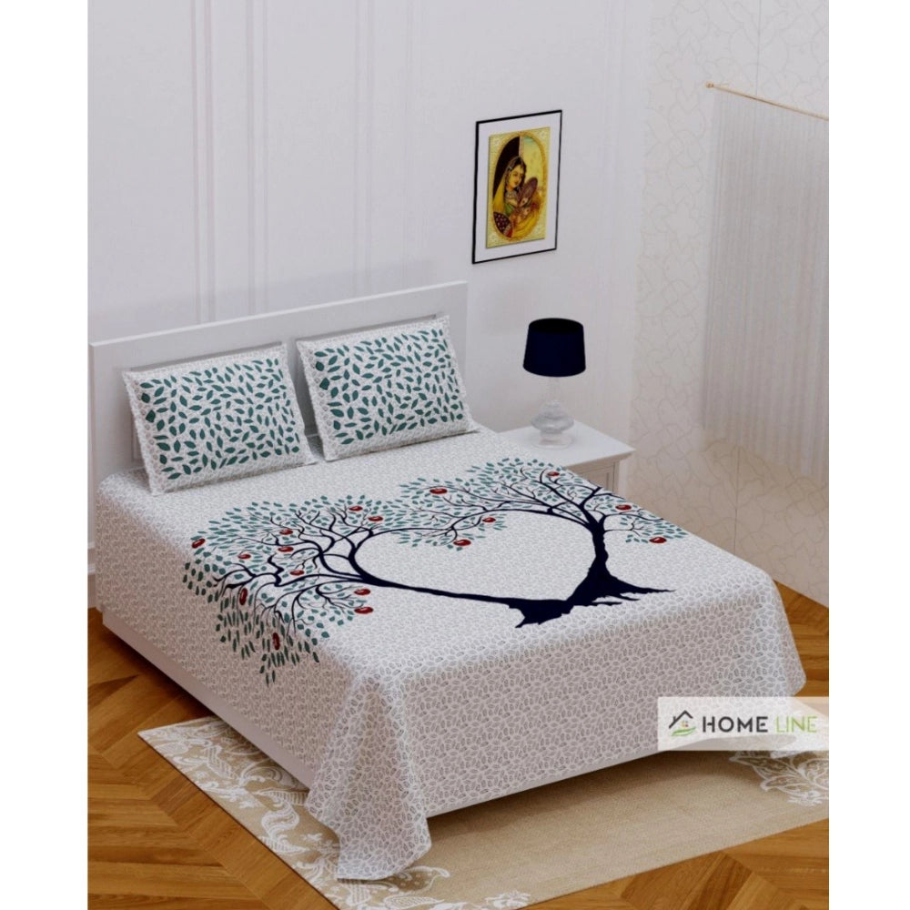 White cotton printed queen size bedsheet with 2 pillow covers (90x100 inch) - high-quality, soft, and vibrant home essentials