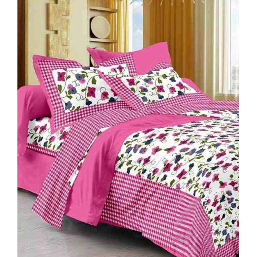 Pink cotton printed queen size bedsheet with two pillow covers, 90x100 inch, soft and durable home linen