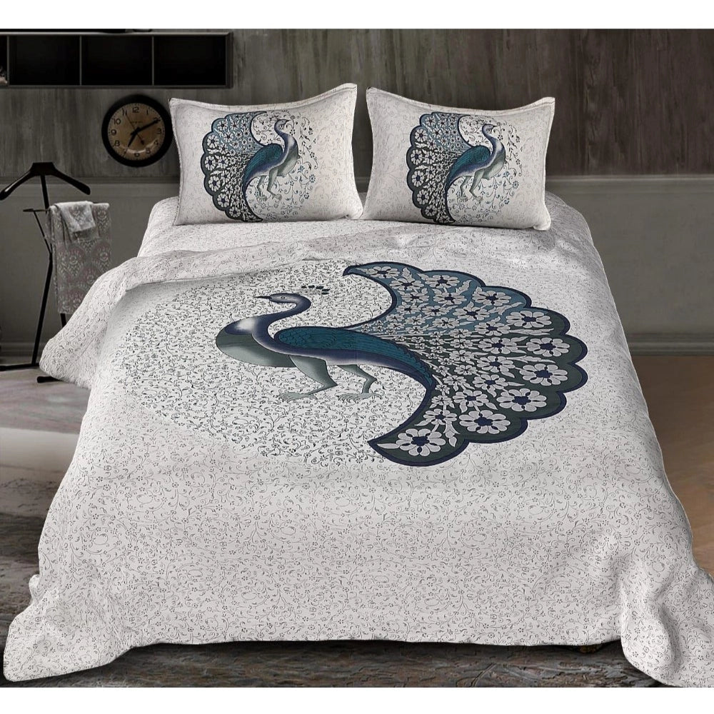 White cotton printed queen size bedsheet set with 2 pillow covers, 90x100 inch thread count 160