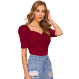 Maroon polyester puff short sleeves sweetheart neck top for women's casual wear