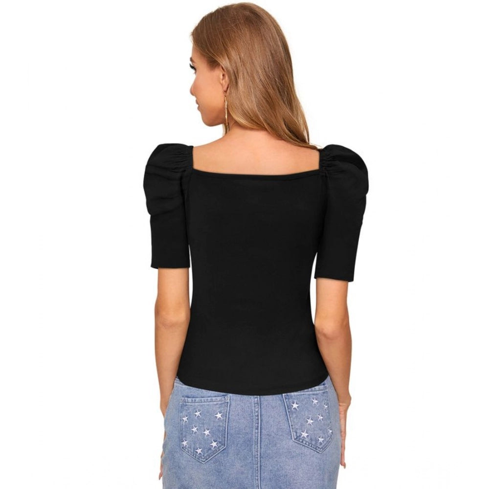 Black polyester puff short sleeves sweetheart neck top - solid pattern for women's fashion
