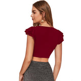 Maroon polyester solid short sleeves V-neck top for women - vivid color, comfortable fit