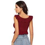 Maroon polyester solid sleeveless ruffle neck top for women's fashion, close-up image on mannequin