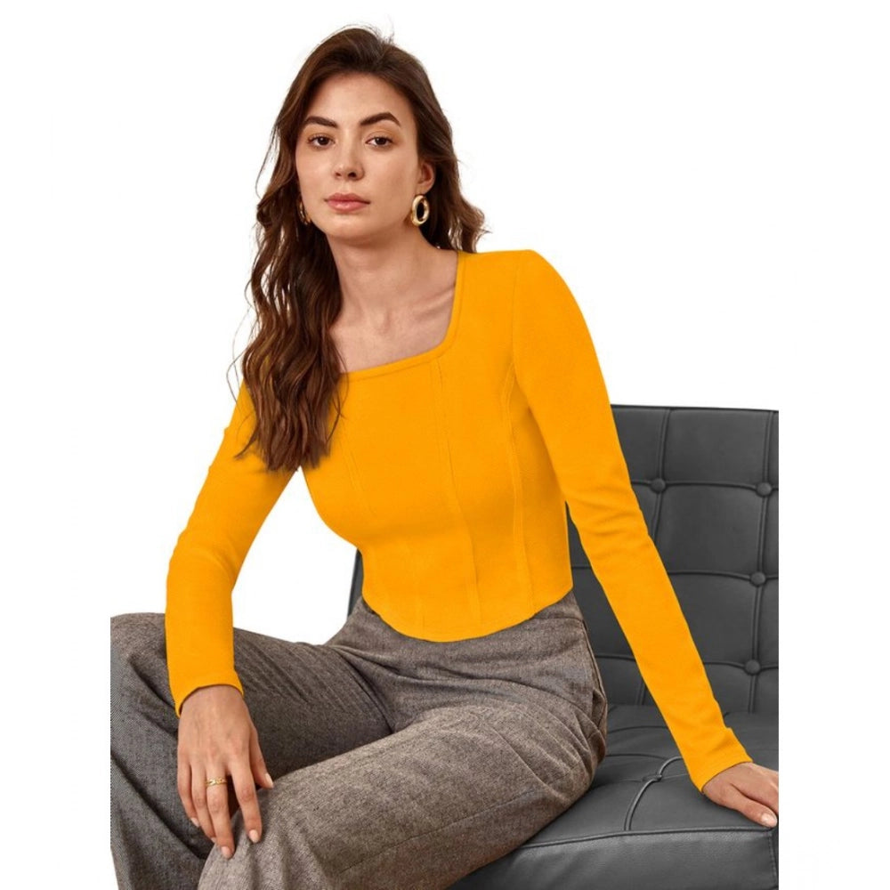 Yellow polyester solid full sleeves square neck top for women's fashion