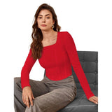 Red polyester solid full sleeves square neck top for women, ideal for casual wear