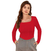 Red polyester solid full sleeves square neck top for women's fashion, close-up image