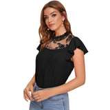 Black polyester cap sleeve sweetheart neck top, solid design for women's fashion