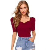 Maroon polyester puff short sleeves sweetheart neck top for women, solid design