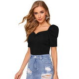 Black polyester puff short sleeves sweetheart neck top for women, solid design