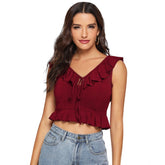 Maroon polyester sleeveless ruffle neck top for women's casual wear