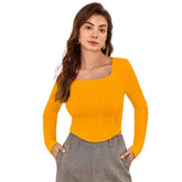 Yellow polyester solid full sleeves square neck top for women