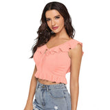 Peach polyester solid sleeveless ruffle neck top for women, ideal for casual wear