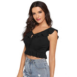 Black polyester sleeveless ruffle neck top - stylish women's fashion accessory on hanger