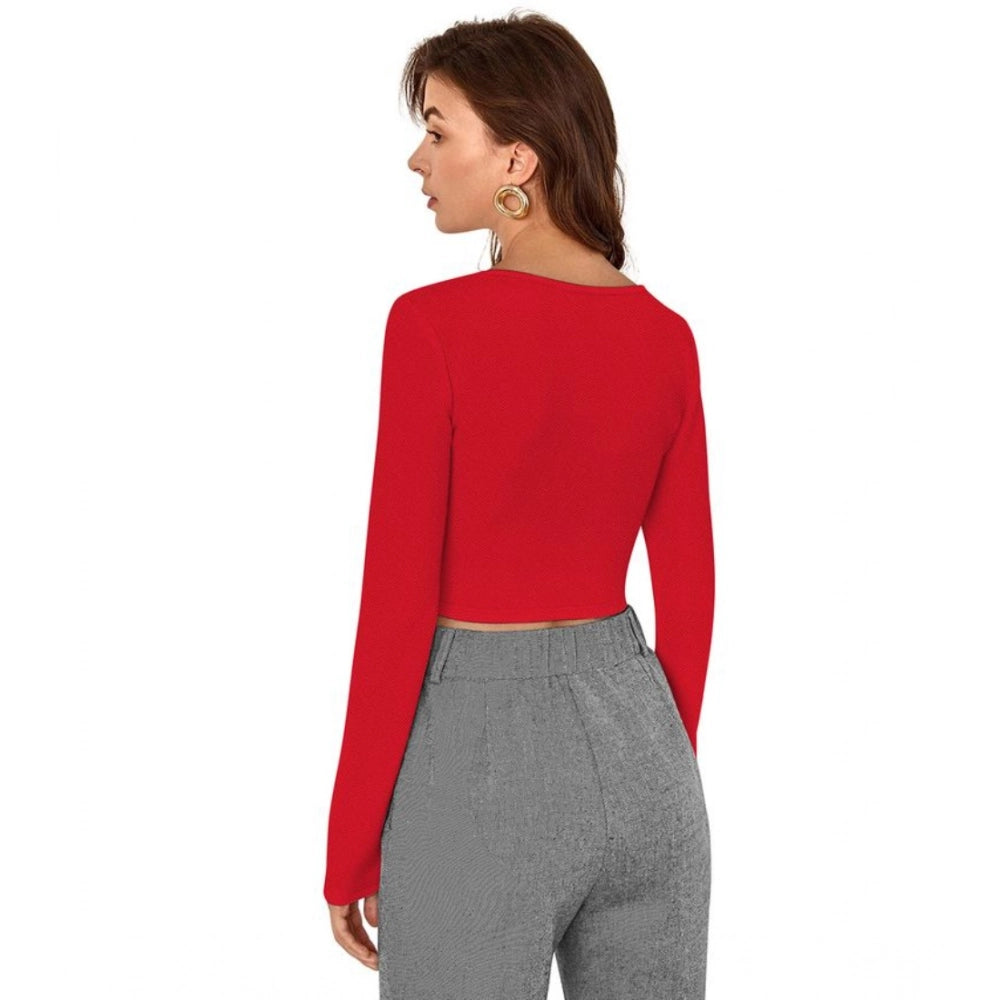 Red polyester solid full sleeves square neck top for women's fashion, close-up view