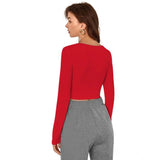 Red polyester solid full sleeves square neck top for women's fashion, close-up view