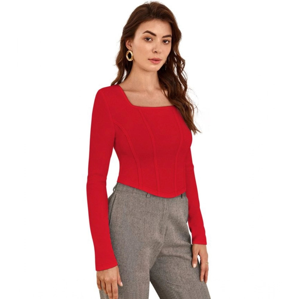 Red polyester solid square neck top with full sleeves