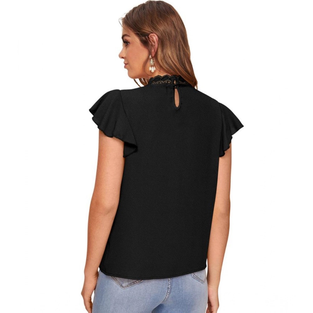 Black polyester cap sleeve sweetheart neck top, solid design for women's casual wear