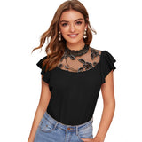 Black polyester cap sleeve sweetheart neck top, solid design for women's casual wear