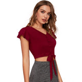 Maroon polyester solid V-neck top for women - close-up view