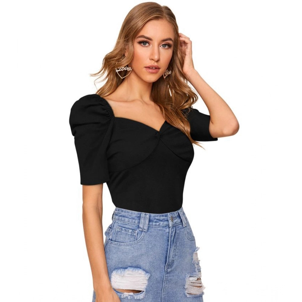 Black polyester puff short sleeves sweetheart neck top for women's fashion, solid design