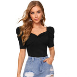 Black polyester puff short sleeves sweetheart neck top, solid design for women's fashion