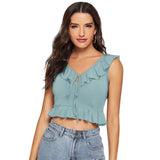 Pista polyester solid sleeveless ruffle neck top for women, vibrant and fashionable apparel