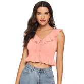 Peach polyester solid sleeveless ruffle neck top for women's fashion