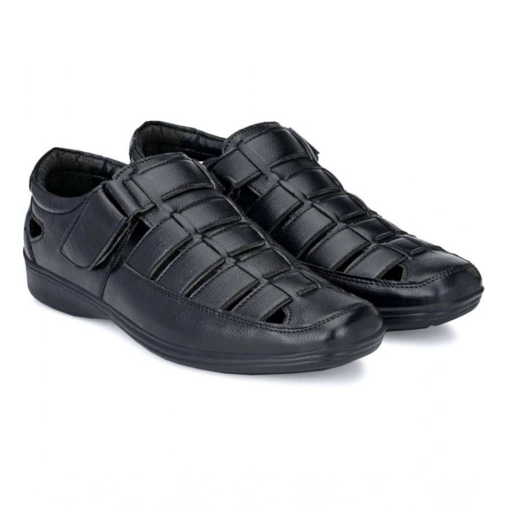 Black faux leather casual sandal with velcro closure, ideal for men's comfortable summer footwear