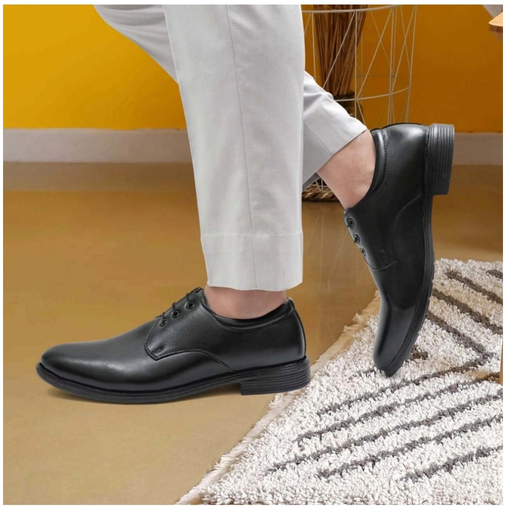 Black faux leather casual formal shoes, solid lace-up design for men's fashion