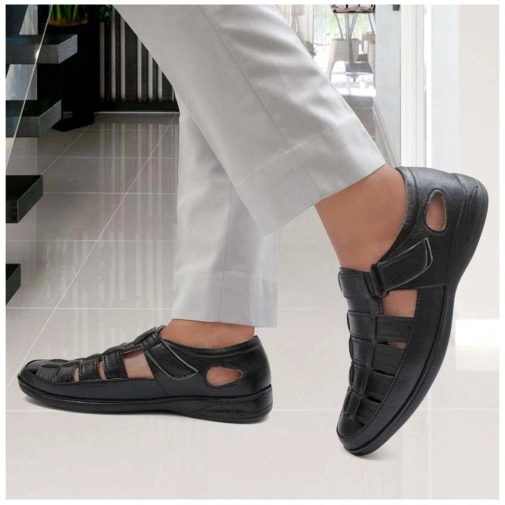 Black faux leather casual sandal with solid pattern and adjustable velcro closure, men's footwear for casual wear