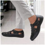 Black faux leather casual sandal with solid pattern and adjustable velcro closure, men's footwear for casual wear