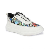 White synthetic printed lace-up sneakers for men's casual wear, PVC sole on display