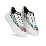 White synthetic printed lace-up men's casual sneakers on wooden background