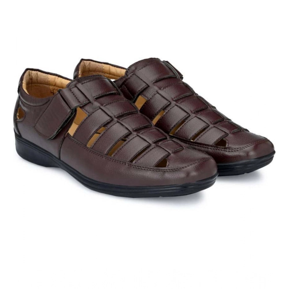 Brown faux leather casual sandal with solid pattern and Velcro closure for men's comfortable summer footwear