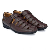 Brown faux leather casual men's solid velcro sandal for outdoor use
