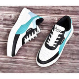 Blue synthetic casual sneakers with lace-up closure, solid pattern on feet