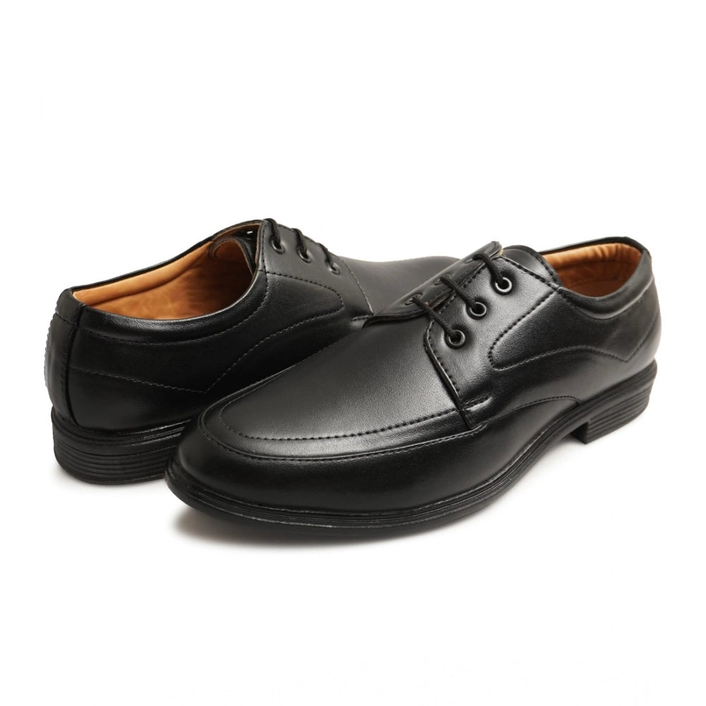 Black faux leather casual formal shoes with lace-up closure for men