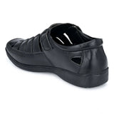 Black faux leather casual sandal with solid design and Velcro closure for men's comfortable footwear